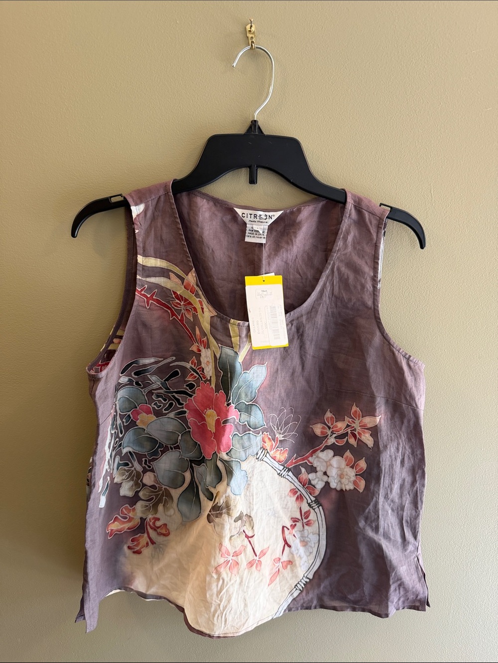 Citron Sleeveless Floral Linen-Blend Tank in Mauve with Pink & Cream Accents